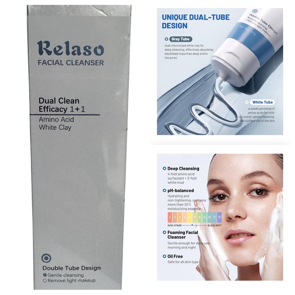 Relaso Facial Cleanser Dual Clean Amino Acid & White Clay, gentle cleansing NIB